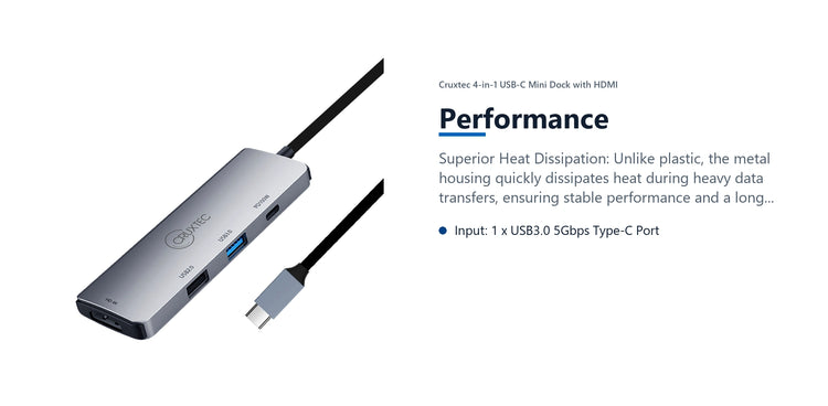 Cruxtec 4-in-1 USB-C Mini Dock with HDMI performance detail image with verified product information