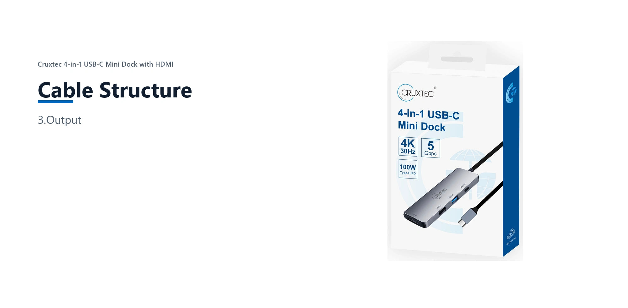 Cruxtec 4-in-1 USB-C Mini Dock with HDMI cable structure detail image with verified product information