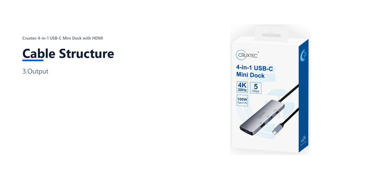 Cruxtec 4-in-1 USB-C Mini Dock with HDMI cable structure detail image with verified product information
