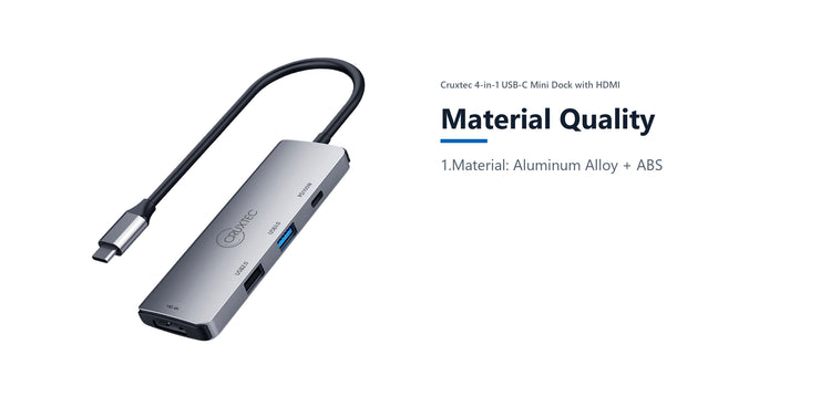 Cruxtec 4-in-1 USB-C Mini Dock with HDMI material quality detail image with verified product information