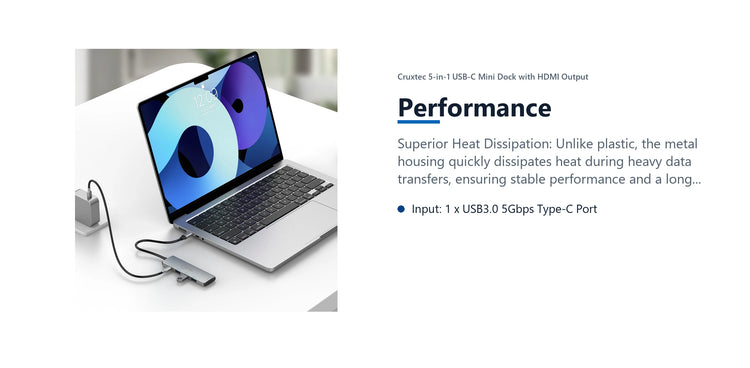 Cruxtec 5-in-1 USB-C Mini Dock with HDMI Output performance detail image with verified product information
