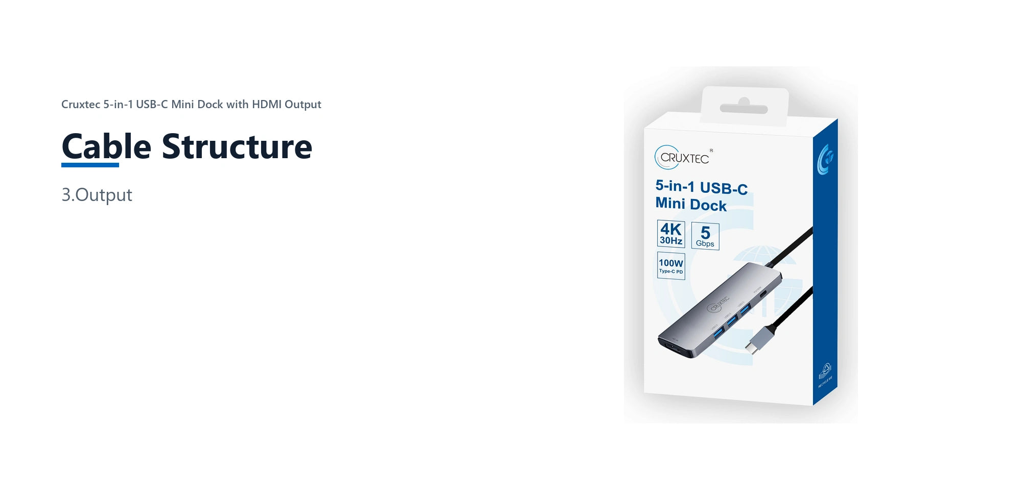 Cruxtec 5-in-1 USB-C Mini Dock with HDMI Output cable structure detail image with verified product information