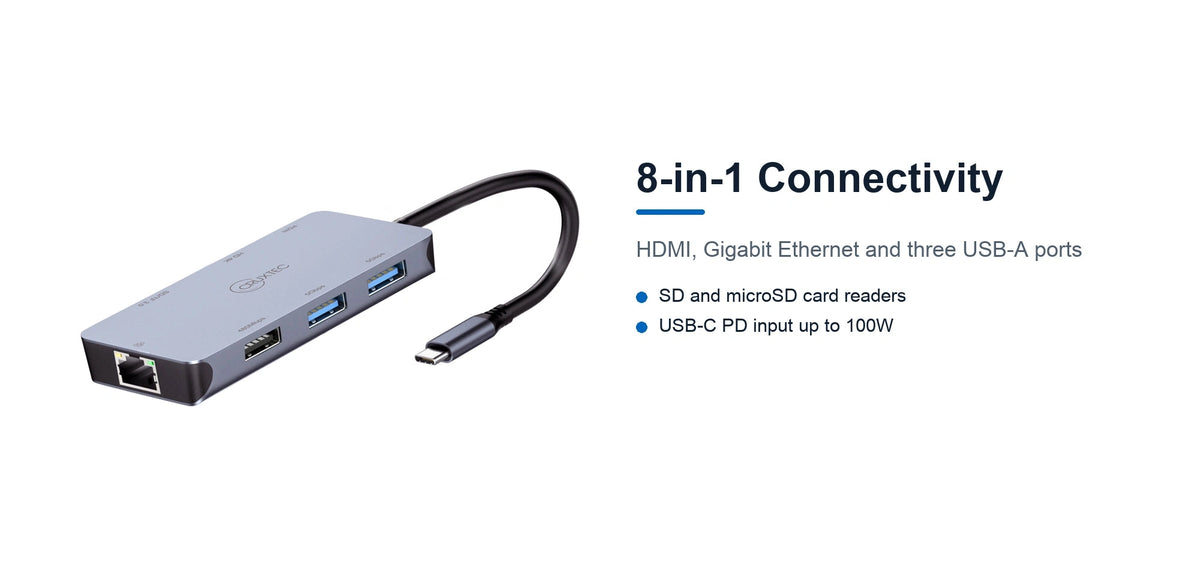 Cruxtec CMH08-SG 8-in-1 USB-C hub connectivity detail showing Gigabit Ethernet and USB-A ports
