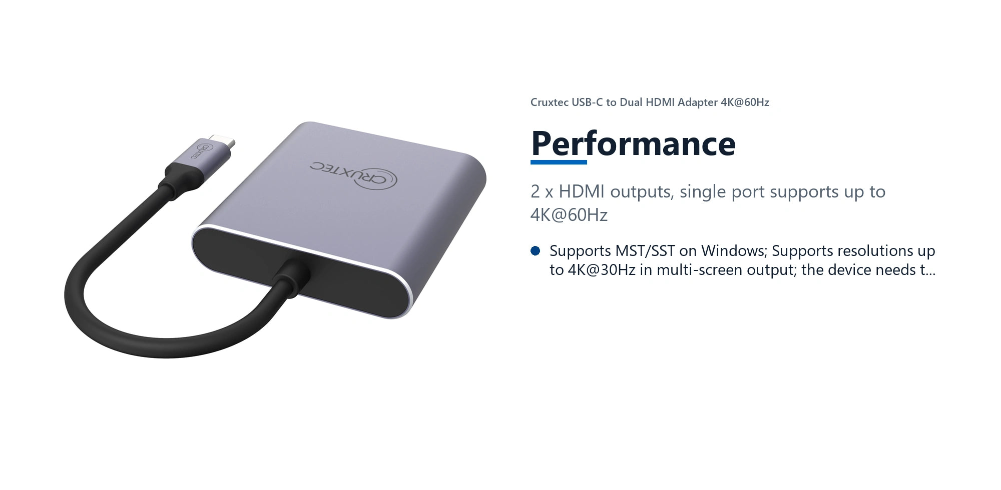 Cruxtec USB-C to Dual HDMI Adapter 4K@60Hz (Silver Grey 15cm) performance detail image with verified product information