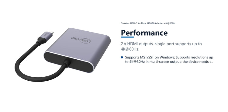 Cruxtec USB-C to Dual HDMI Adapter 4K@60Hz (Silver Grey 15cm) performance detail image with verified product information