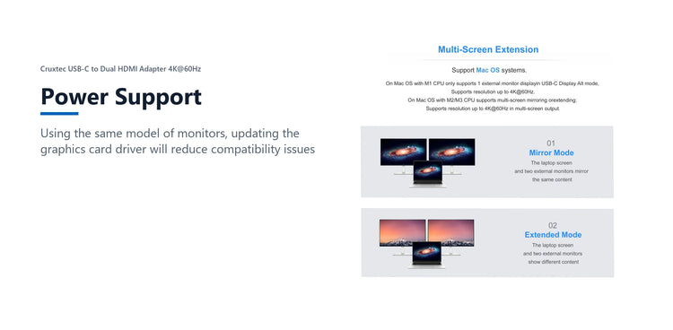 Cruxtec USB-C to Dual HDMI Adapter 4K@60Hz (Silver Grey 15cm) power support detail image with verified product information