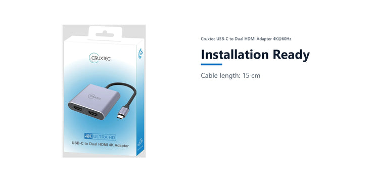 Cruxtec USB-C to Dual HDMI Adapter 4K@60Hz (Silver Grey 15cm) installation ready detail image with verified product information