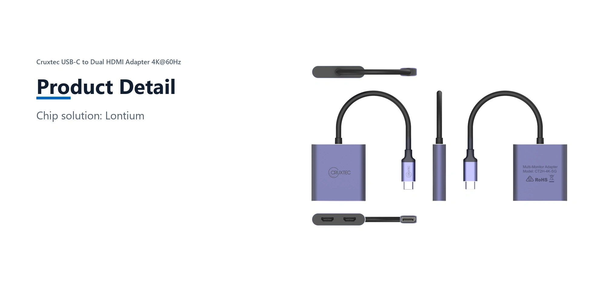 Cruxtec USB-C to Dual HDMI Adapter 4K@60Hz (Silver Grey 15cm) product detail detail image with verified product information