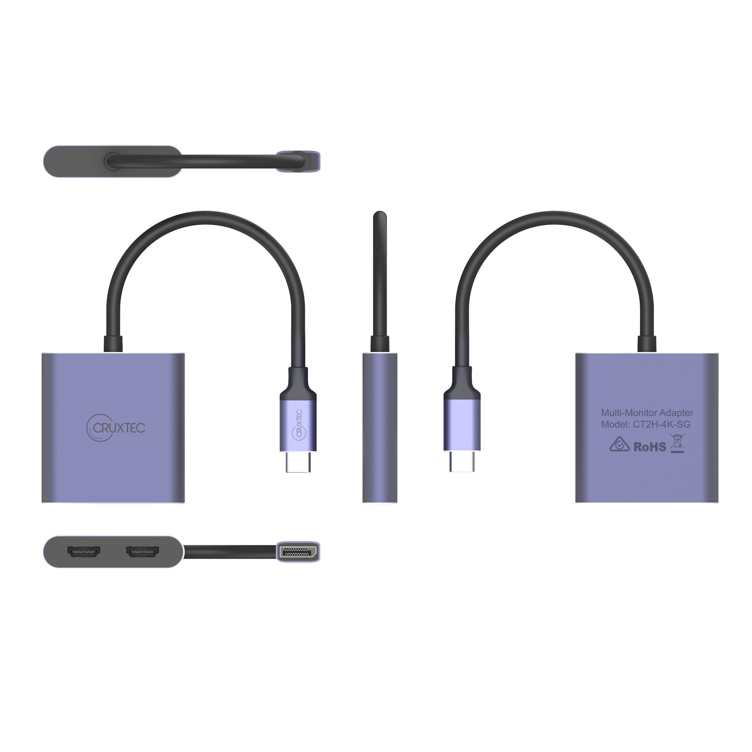 Cruxtec USB-C to Dual HDMI Adapter 4K@60Hz (Silver Grey 15cm) image