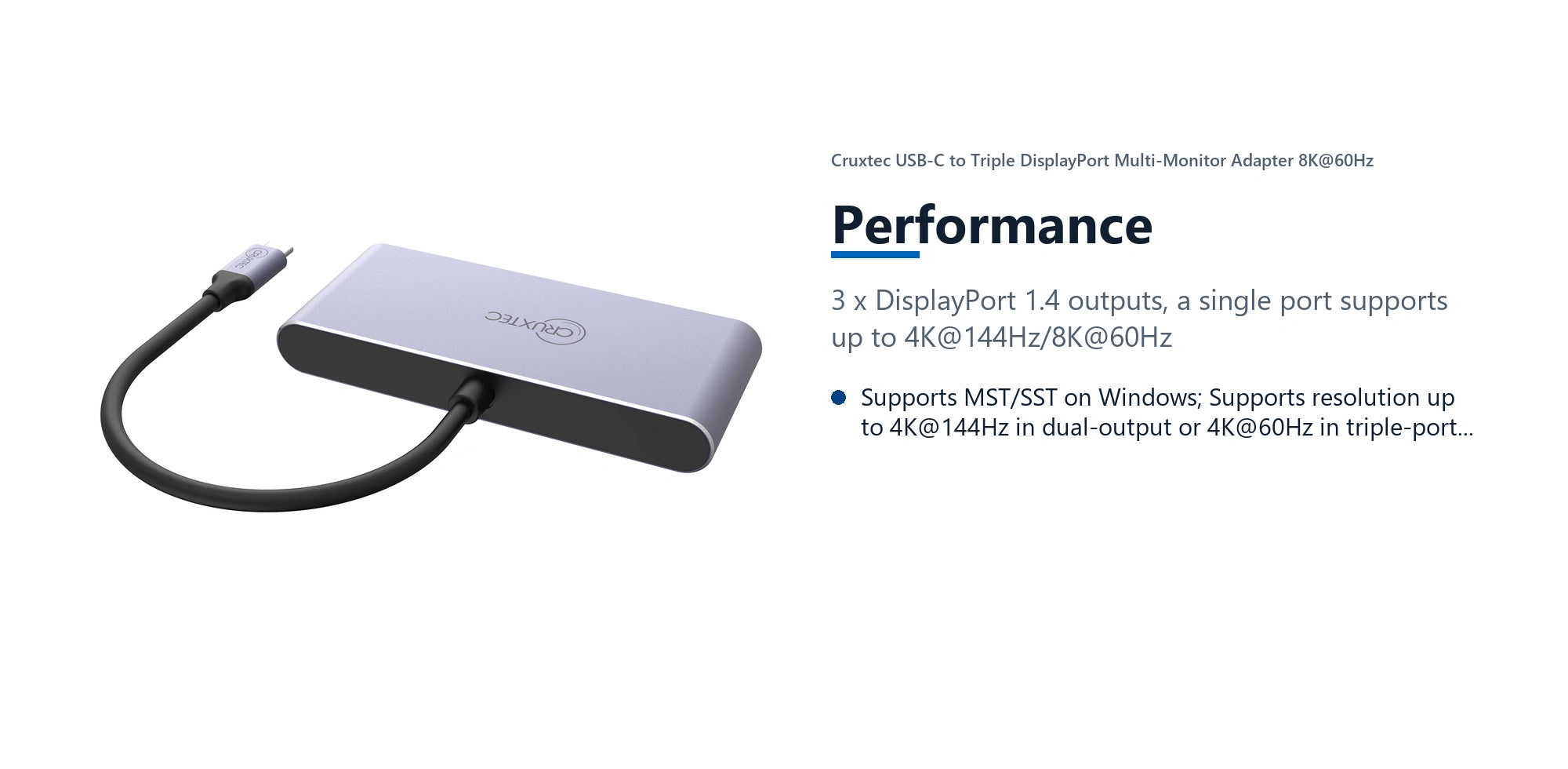 Cruxtec USB-C to Triple DisplayPort Multi-Monitor Adapter 8K@60Hz (Silver Grey 15cm) performance detail image with verified product information