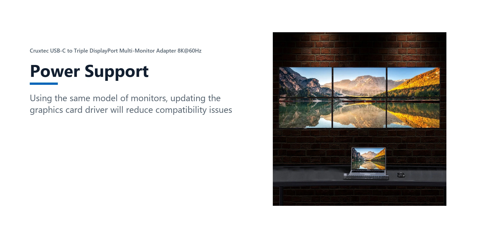 Cruxtec USB-C to Triple DisplayPort Multi-Monitor Adapter 8K@60Hz (Silver Grey 15cm) power support detail image with verified product information