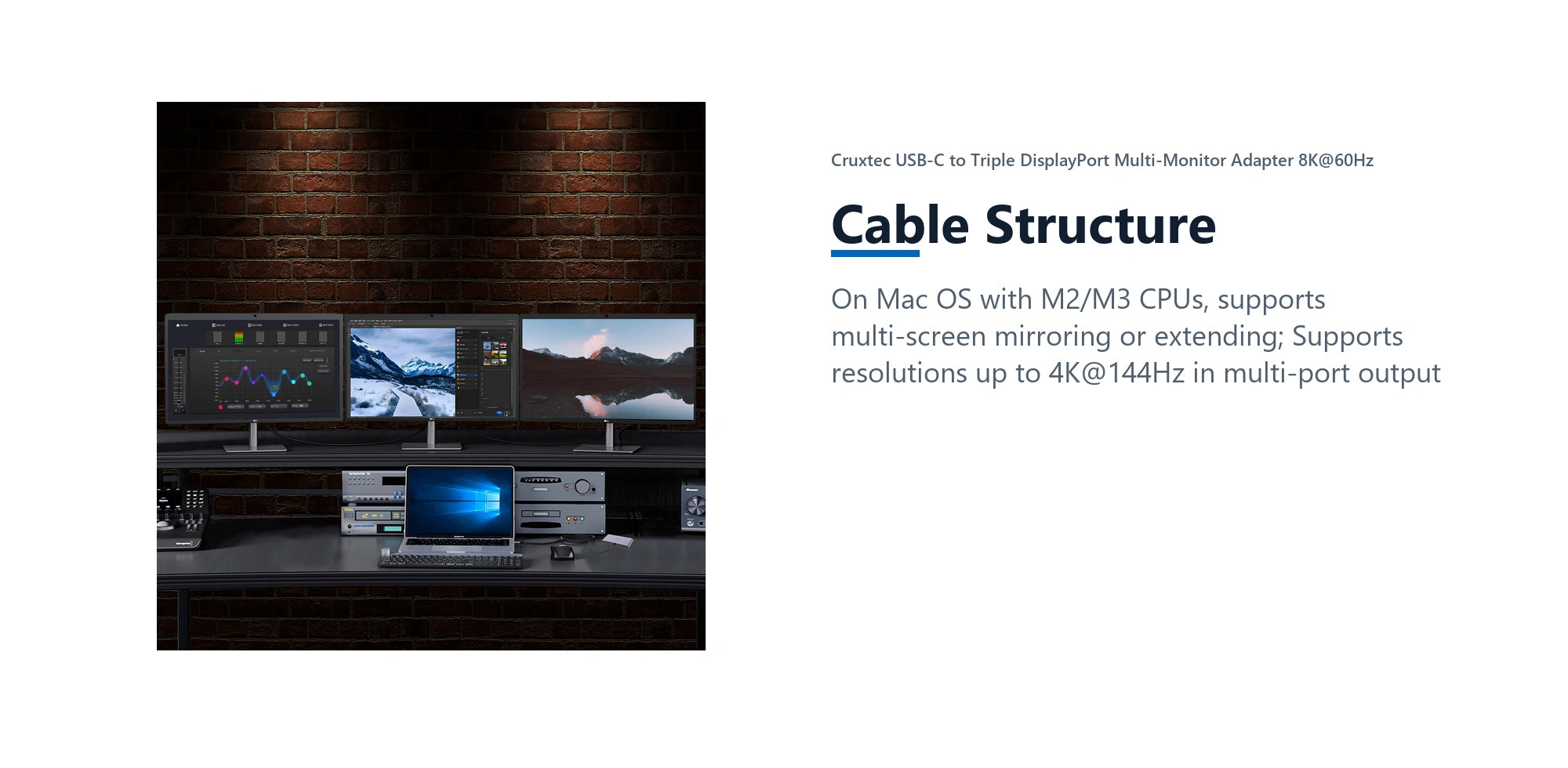 Cruxtec USB-C to Triple DisplayPort Multi-Monitor Adapter 8K@60Hz (Silver Grey 15cm) cable structure detail image with verified product information