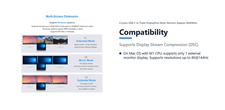 Cruxtec USB-C to Triple DisplayPort Multi-Monitor Adapter 8K@60Hz (Silver Grey 15cm) compatibility detail image with verified product information