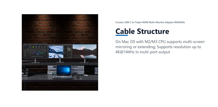 Cruxtec USB-C to Triple HDMI Multi-Monitor Adapter 8K@60Hz (Silver Grey 15cm) cable structure detail image with verified product information