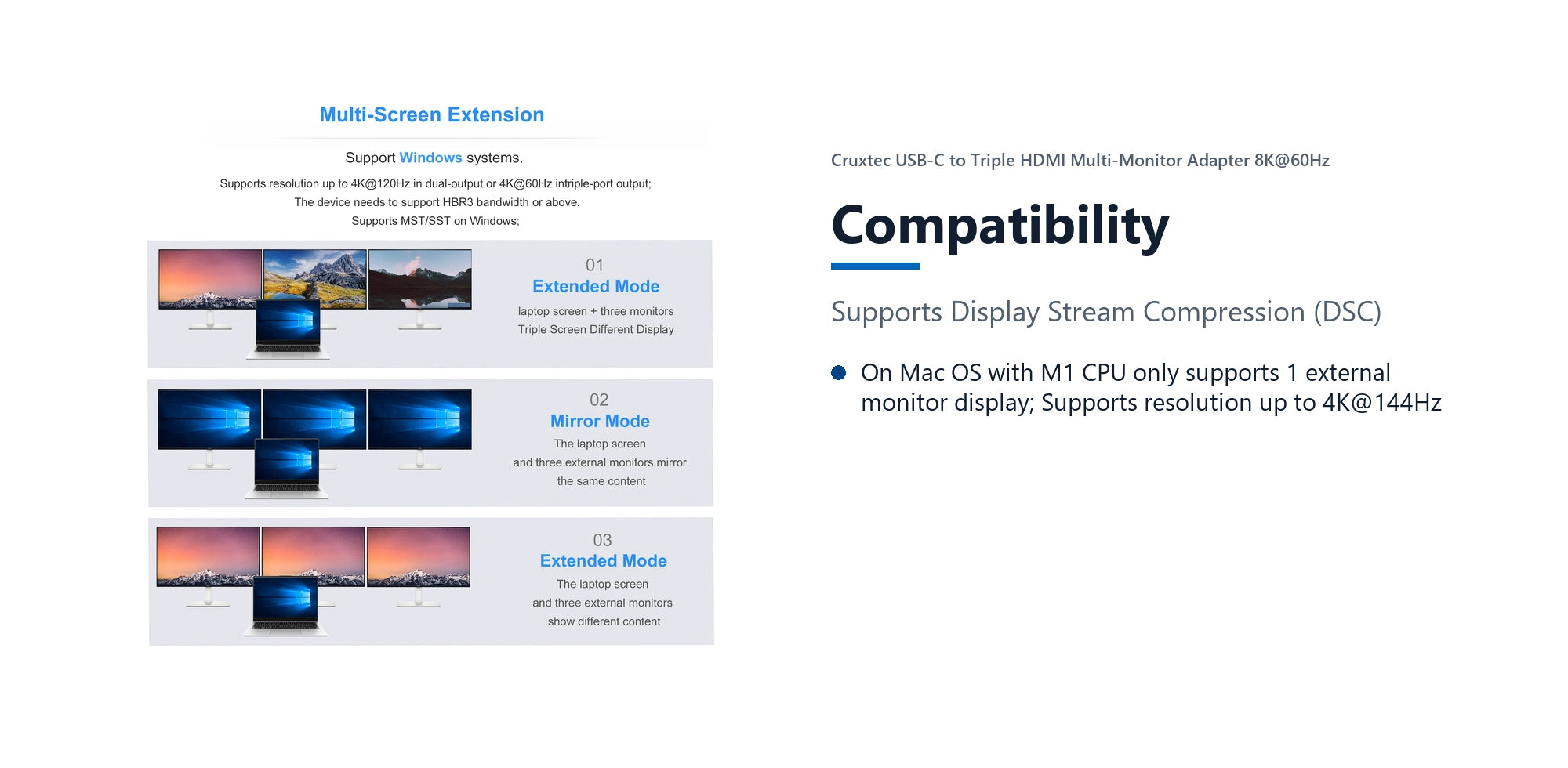 Cruxtec USB-C to Triple HDMI Multi-Monitor Adapter 8K@60Hz (Silver Grey 15cm) compatibility detail image with verified product information