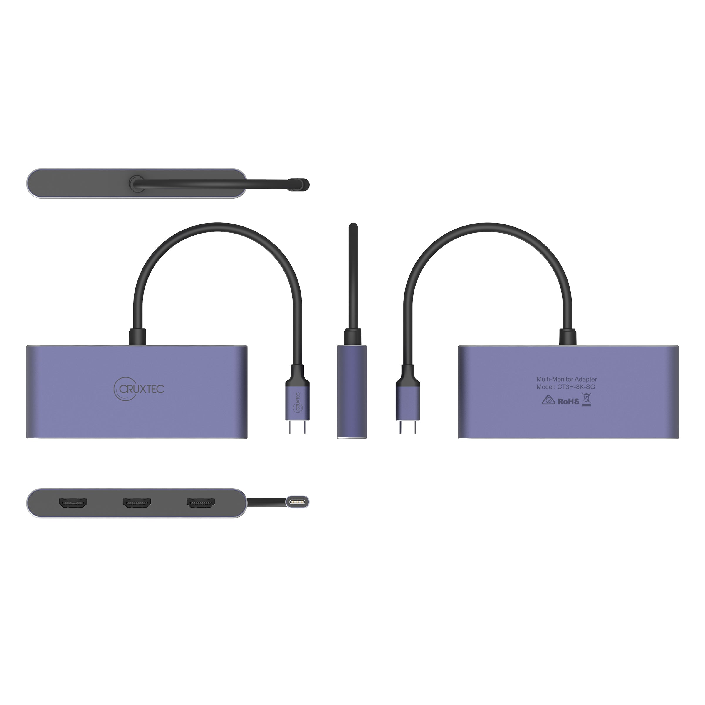 Cruxtec USB-C to Triple HDMI Multi-Monitor Adapter 8K@60Hz (Silver Grey 15cm) image