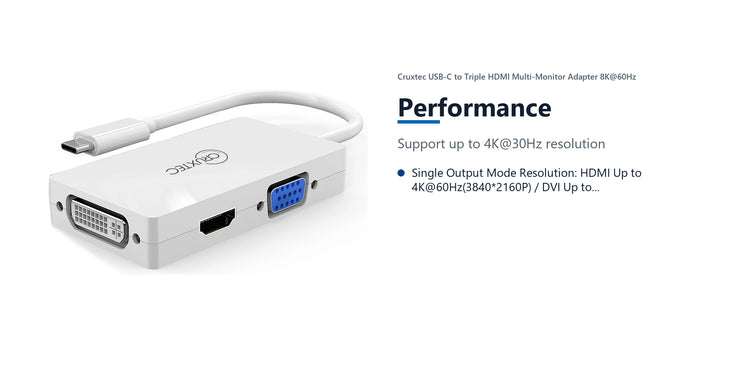 Cruxtec USB-C to Triple HDMI Multi-Monitor Adapter 8K@60Hz (White 15cm) performance detail image with verified product information