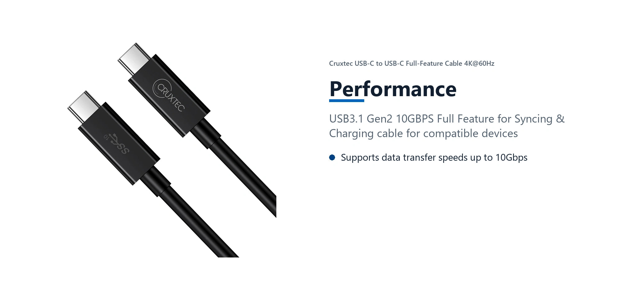 Cruxtec USB-C to USB-C Full-Feature Cable ( 240W , 10Gpbs , ) 4K@60Hz (2m) performance detail image with verified product information