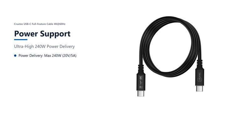 Cruxtec USB-C Full-Feature Cable ( 240W, 20Gpbs, ) 4K@60Hz (2m) power support detail image with verified product information