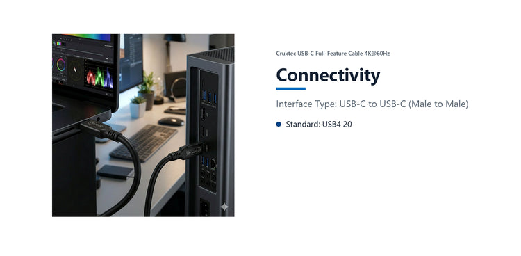 Cruxtec USB-C Full-Feature Cable ( 240W, 20Gpbs, ) 4K@60Hz (2m) connectivity detail image with verified product information