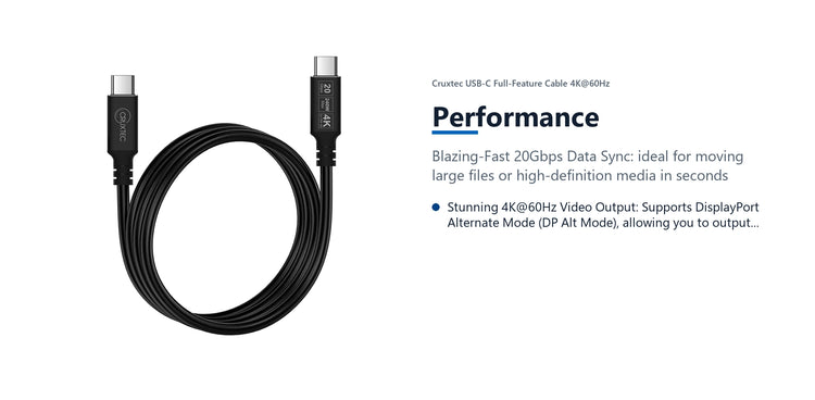Cruxtec USB-C Full-Feature Cable ( 240W, 20Gpbs, ) 4K@60Hz (3m) performance detail image with verified product information