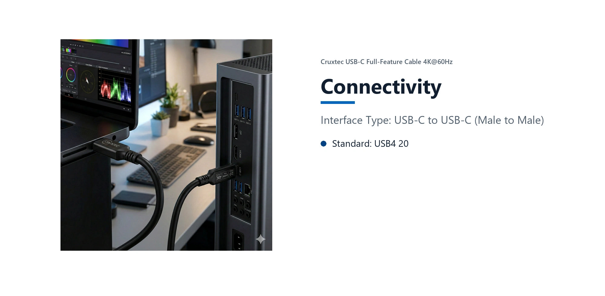 Cruxtec USB-C Full-Feature Cable ( 240W, 20Gpbs, ) 4K@60Hz (3m) connectivity detail image with verified product information