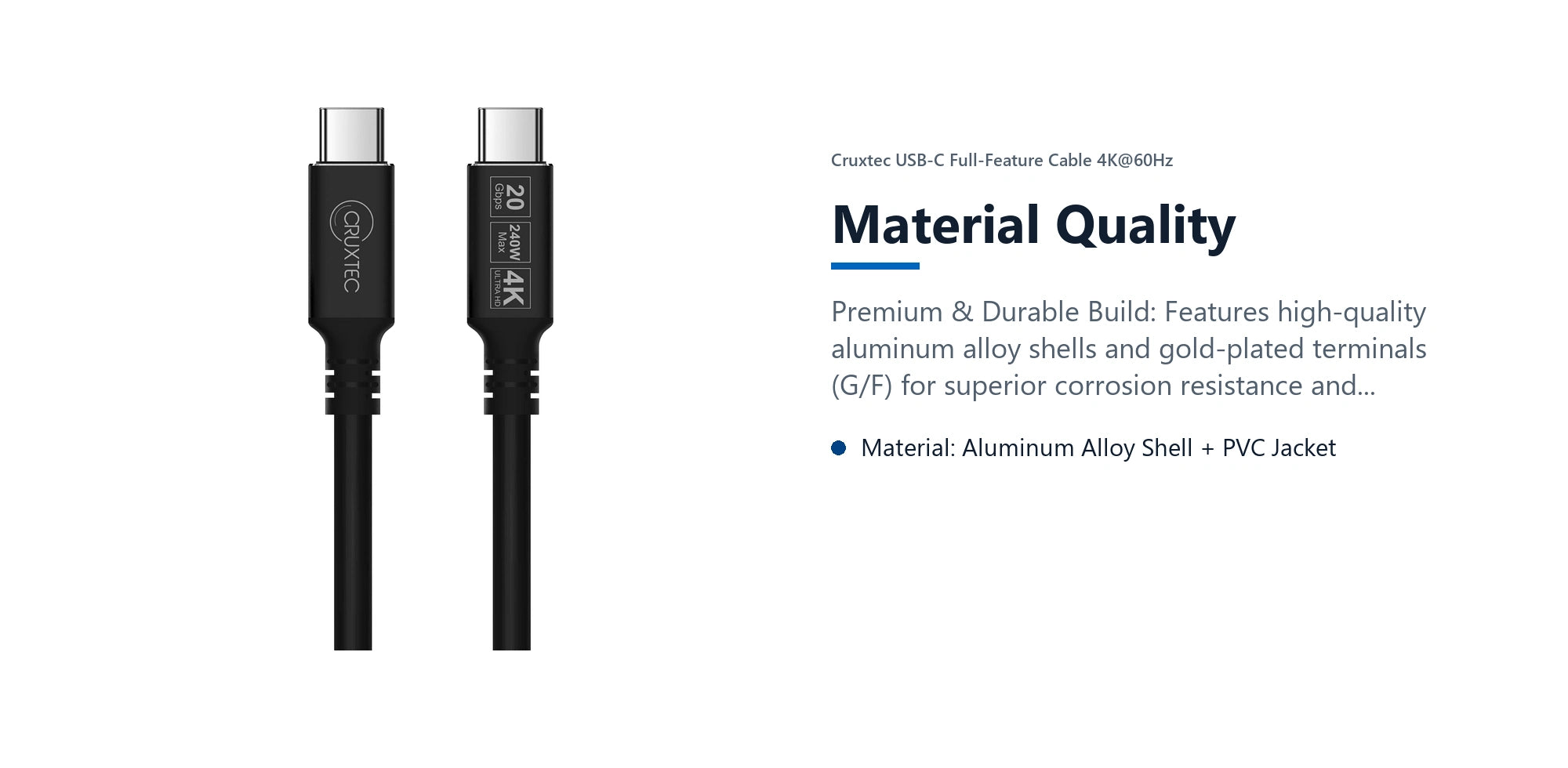 Cruxtec USB-C Full-Feature Cable ( 240W, 20Gpbs, ) 4K@60Hz (3m) material quality detail image with verified product information