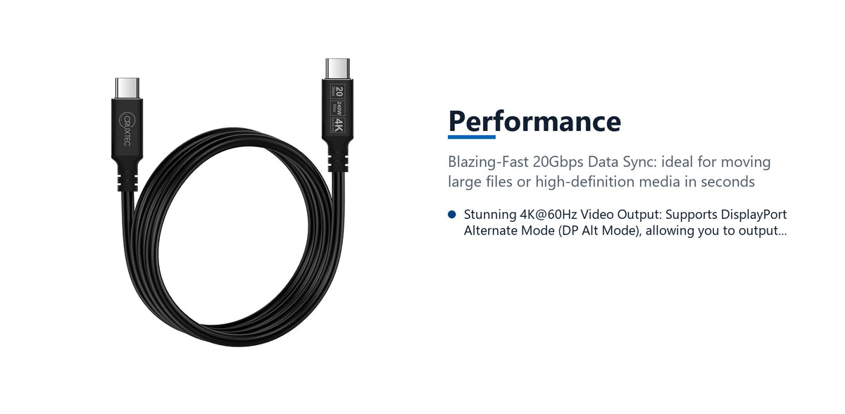 Cruxtec USB-C Full-Feature Cable ( 240W, 20Gpbs, ) 4K@60Hz (5m) performance detail image with verified product information