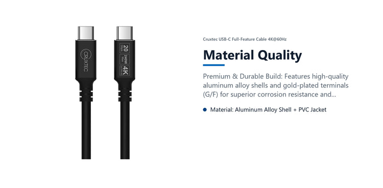 Cruxtec USB-C Full-Feature Cable ( 240W, 20Gpbs, ) 4K@60Hz (5m) material quality detail image with verified product information