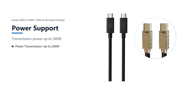 Cruxtec USB-C to USB-C Cable for Syncing & Charging ( 240W ) (2m) power support detail image with verified product information