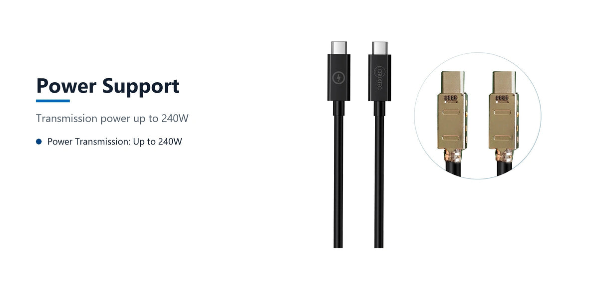 Cruxtec USB-C to USB-C Cable for Syncing & Charging (240W 3m) power support detail image with verified product information