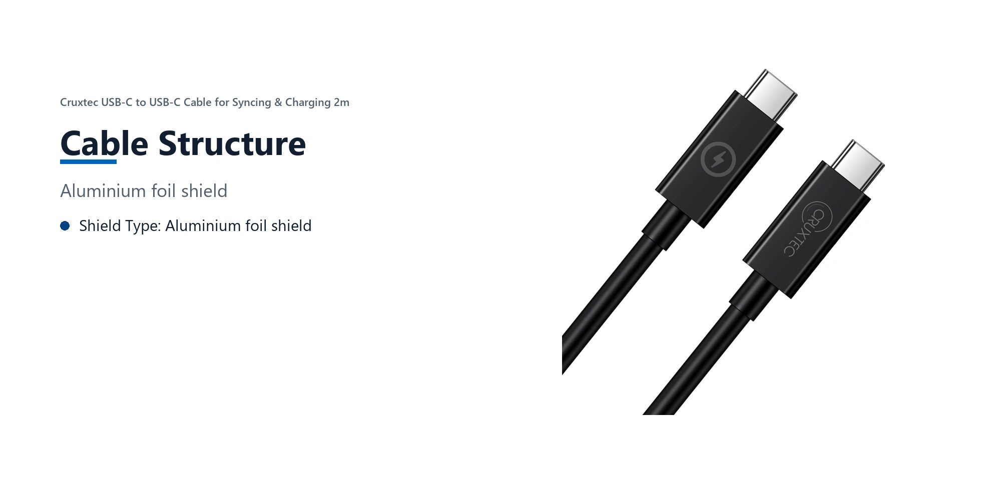 Cruxtec USB-C to USB-C Cable for Syncing & Charging ( 240W ) 2m (3m) cable structure detail image with verified product information
