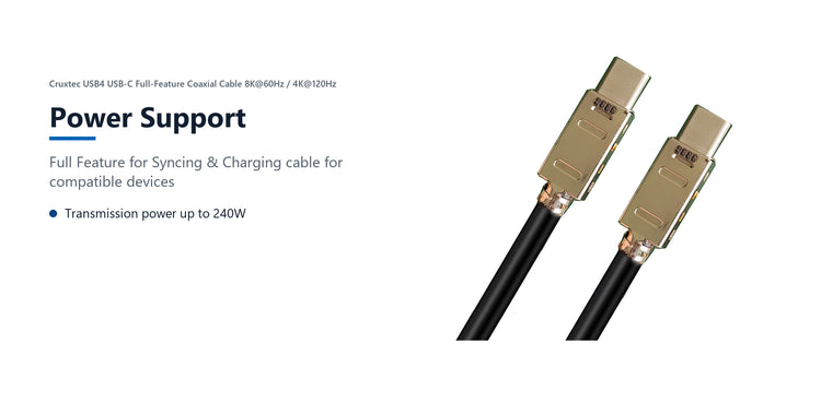 Cruxtec USB4 USB-C Full-Feature Coaxial Cable ( 240W , 40Gpbs , ) 8K@60Hz / 4K@120Hz (1m) power support detail image with verified product information