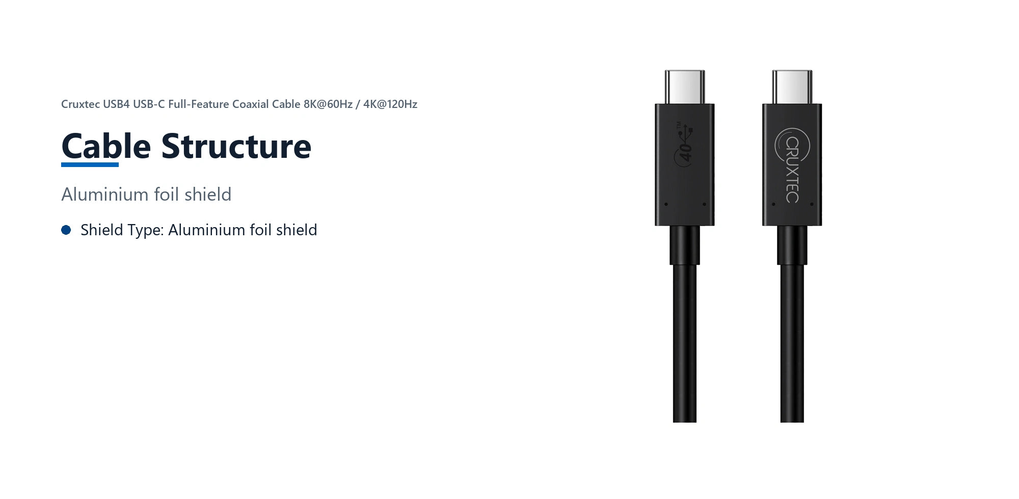 Cruxtec USB4 USB-C Full-Feature Coaxial Cable ( 240W , 40Gpbs , ) 8K@60Hz / 4K@120Hz (1m) cable structure detail image with verified product information