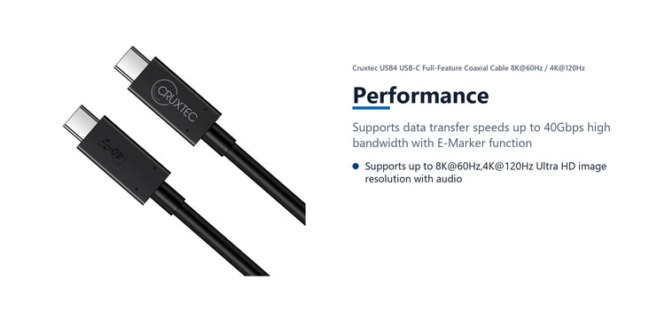 Cruxtec USB4 USB-C Full-Feature Coaxial Cable ( 240W , 40Gpbs , ) 8K@60Hz / 4K@120Hz (2m) performance detail image with verified product information