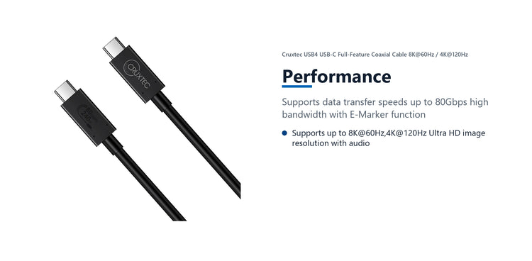 Cruxtec USB4 USB-C Full-Feature Coaxial Cable ( 240W , 80Gpbs , ) 8K@60Hz / 4K@120Hz (1m) performance detail image with verified product information