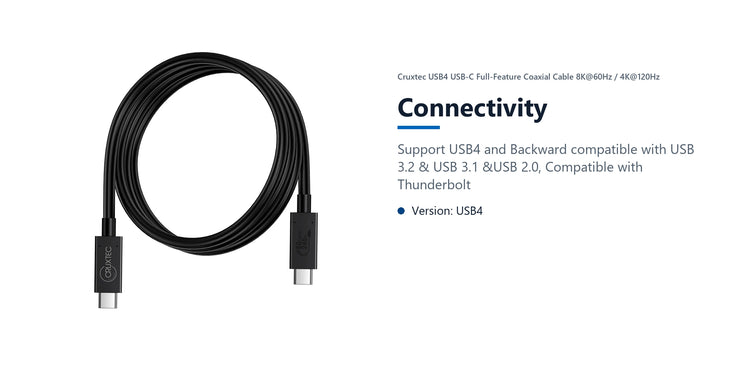 Cruxtec USB4 USB-C Full-Feature Coaxial Cable ( 240W , 80Gpbs , ) 8K@60Hz / 4K@120Hz (1m) connectivity detail image with verified product information