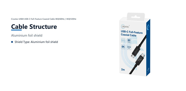 Cruxtec USB4 USB-C Full-Feature Coaxial Cable ( 240W , 80Gpbs , ) 8K@60Hz / 4K@120Hz (1m) cable structure detail image with verified product information