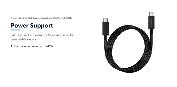 Cruxtec USB4 USB-C Full-Feature Coaxial Cable ( 240W , 80Gpbs , ) 8K@60Hz / 4K@120Hz (2m) power support detail image with verified product information
