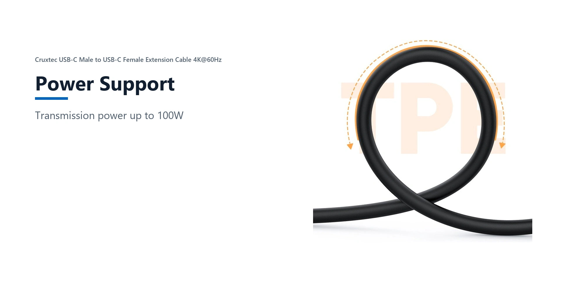 Cruxtec USB-C Male to USB-C Female Extension Cable 4K@60Hz (50cm) power support detail image with verified product information