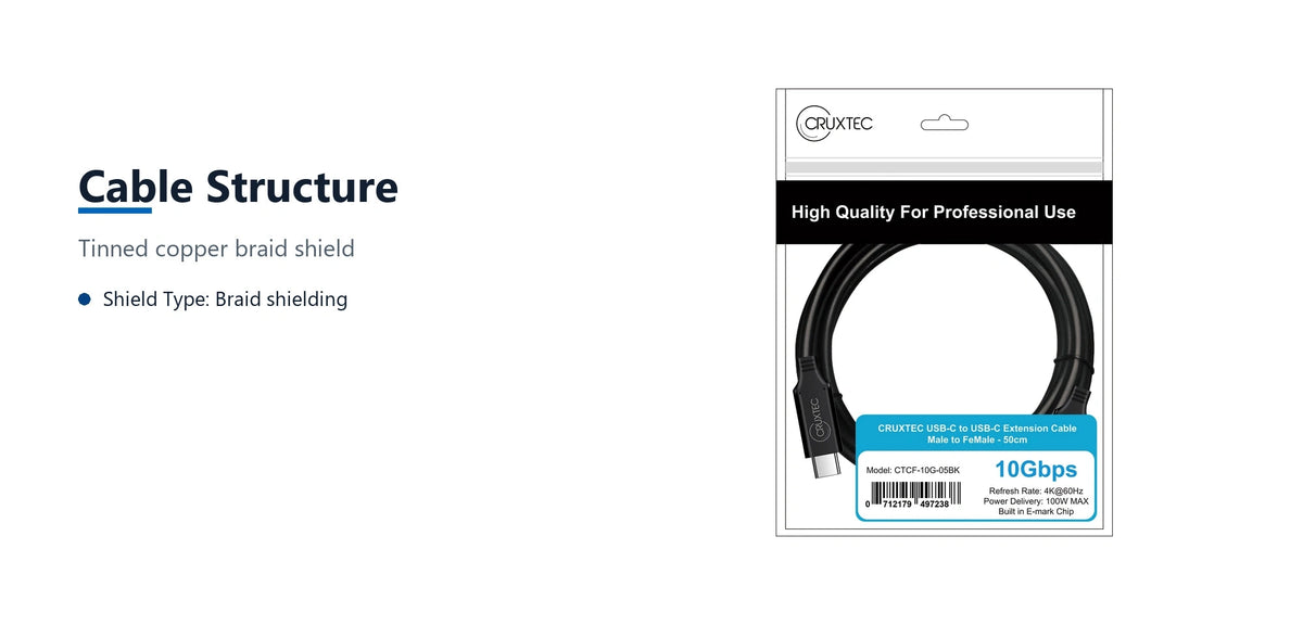 Cruxtec USB-C Male to USB-C Female Extension Cable 4K@60Hz (50cm) cable structure detail image with verified product information