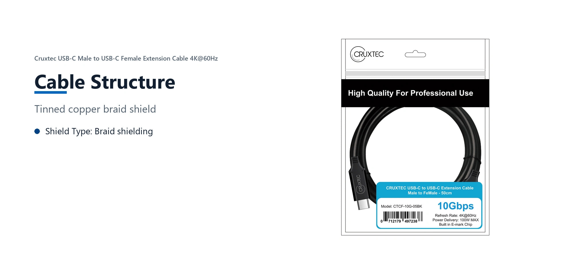 Cruxtec USB-C Male to USB-C Female Extension Cable 4K@60Hz (50cm) cable structure detail image with verified product information