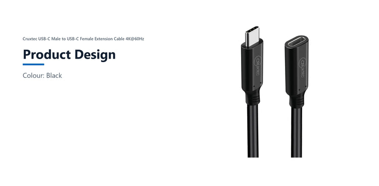 Cruxtec USB-C Male to USB-C Female Extension Cable 4K@60Hz (50cm) product design detail image with verified product information