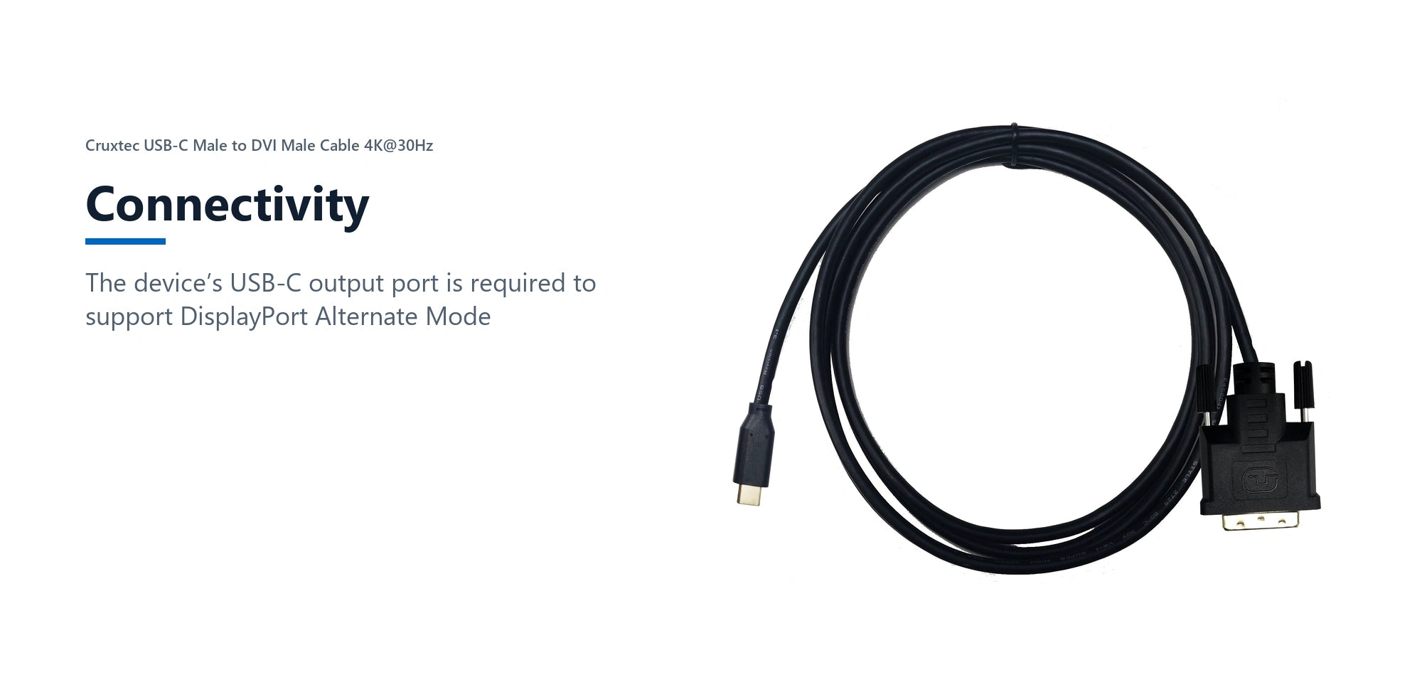 Cruxtec USB-C Male to DVI Male Cable 4K@30Hz (Black 2m) connectivity detail image with verified product information