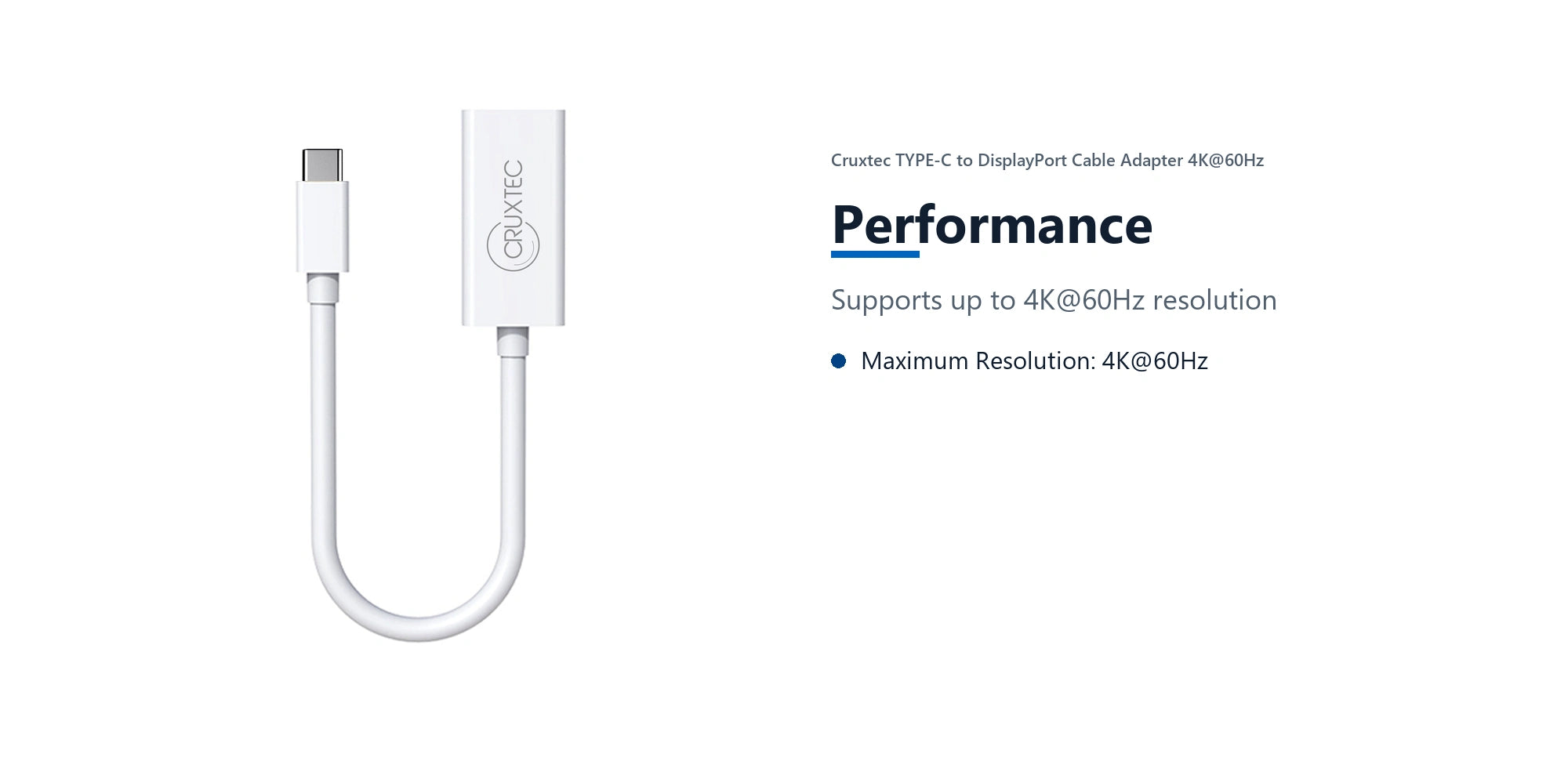 Cruxtec TYPE-C to DisplayPort Cable Adapter 4K@60Hz (20cm) performance detail image with verified product information
