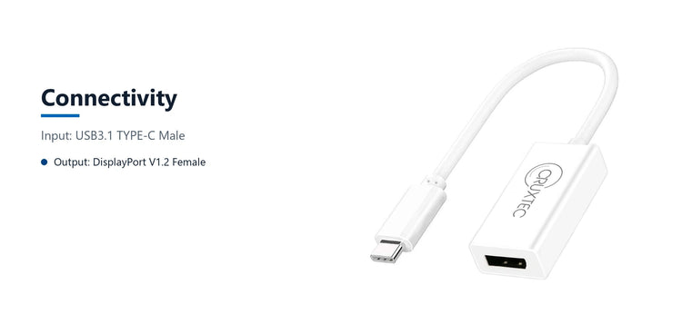 Cruxtec TYPE-C to DisplayPort Cable Adapter 4K@60Hz (20cm) connectivity detail image with verified product information