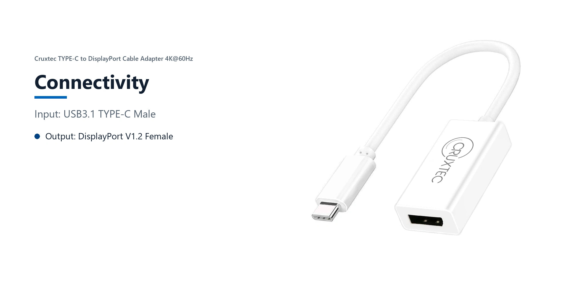 Cruxtec TYPE-C to DisplayPort Cable Adapter 4K@60Hz (20cm) connectivity detail image with verified product information