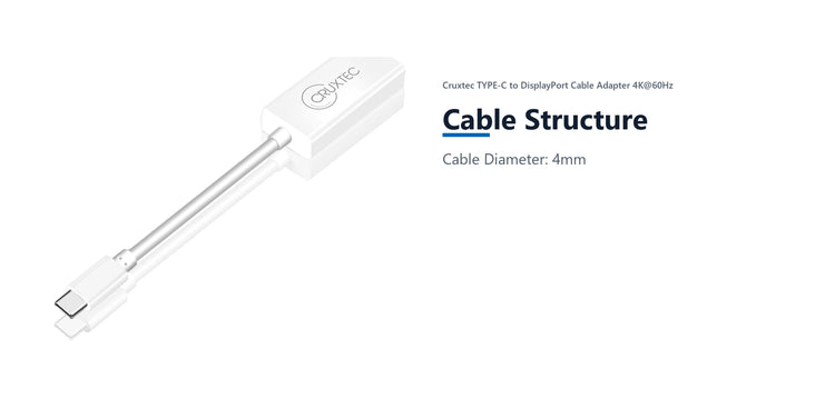 Cruxtec TYPE-C to DisplayPort Cable Adapter 4K@60Hz (20cm) cable structure detail image with verified product information
