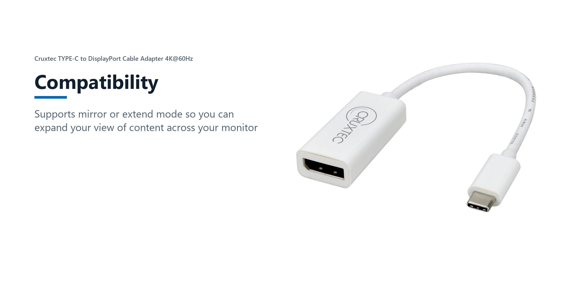 Cruxtec TYPE-C to DisplayPort Cable Adapter 4K@60Hz (20cm) compatibility detail image with verified product information