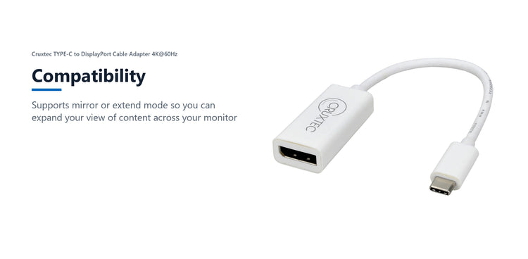 Cruxtec TYPE-C to DisplayPort Cable Adapter 4K@60Hz (20cm) compatibility detail image with verified product information